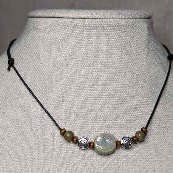 Circle Spiral Charm Blue Green Ceramic Wood Bead Boho Whimsical Choker Necklace - Picture 3 of 4
